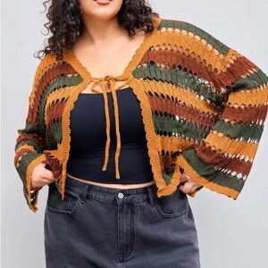 Cider Jersey Knit Scoop Neckline Striped Hollow Out Cardigan Womens Plus Size 0X